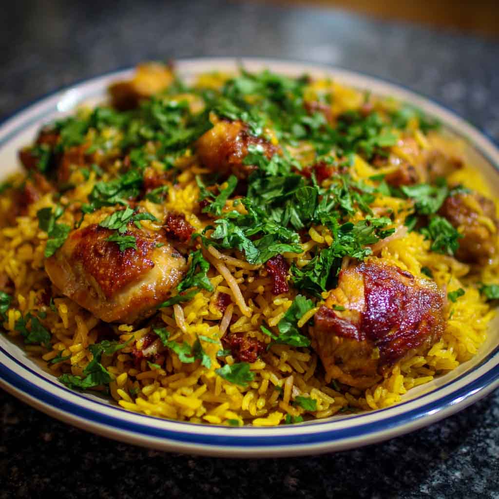 Fragrant Persian-style chicken pilaf with golden basmati rice, tender chicken pieces, saffron threads, and garnished with barberries and fresh herbs.