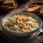 Creamy chicken pot pie orzo in a skillet, topped with fresh herbs and tender vegetables.