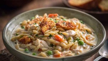 Creamy chicken pot pie orzo in a skillet, topped with fresh herbs and tender vegetables.