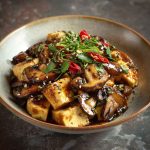 A sizzling skillet of mushroom and tofu stir-fry with bell peppers, scallions, and sesame seeds, coated in a glossy soy-ginger sauce and served over steamed rice.