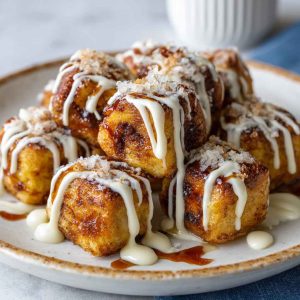 A plate of golden cinnamon roll French toast bites drizzled with icing and dusted with powdered sugar, served with fresh berries and maple syrup.