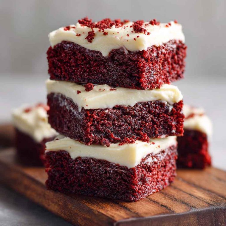 Fudgy red velvet brownies topped with swirls of cream cheese frosting, garnished with red sprinkles on a white plate.