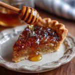A golden slice of burnt honey pie with a caramelized top and flaky crust, served on a ceramic plate with a drizzle of honey and a sprig of thyme.