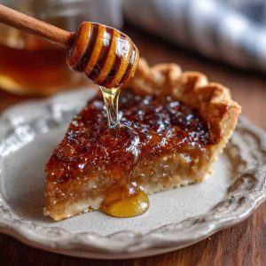 A golden slice of burnt honey pie with a caramelized top and flaky crust, served on a ceramic plate with a drizzle of honey and a sprig of thyme.