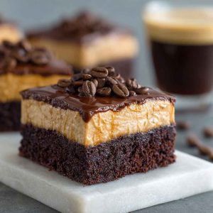 A decadent tray of frosted coffee brownies with glossy mocha frosting, cut into squares and garnished with chocolate shavings and espresso beans.