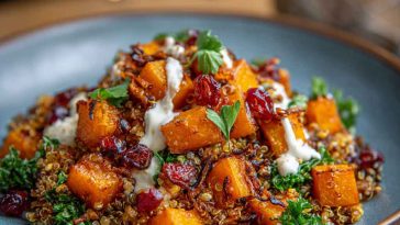 Roasted butternut squash and quinoa salad with greens, cranberries, and nuts in a rustic bowl.