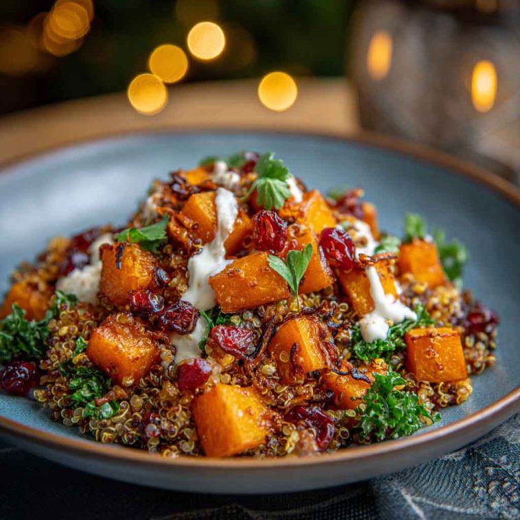 Roasted butternut squash and quinoa salad with greens, cranberries, and nuts in a rustic bowl.