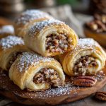 Golden-brown crescent rolls filled with gooey pecan pie filling, drizzled with caramel and sprinkled with chopped pecans, served on a holiday platter.