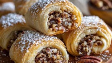 Golden-brown crescent rolls filled with gooey pecan pie filling, drizzled with caramel and sprinkled with chopped pecans, served on a holiday platter.