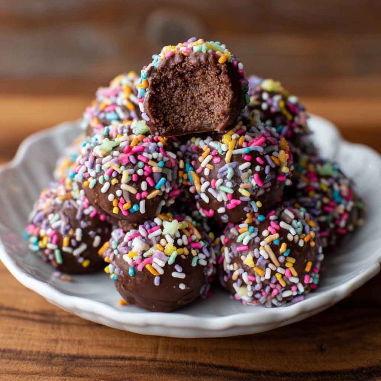 A plate of bite-sized no-bake moose farts made with coconut, chocolate, and sweetened condensed milk, rolled into rustic balls and dusted with cocoa.