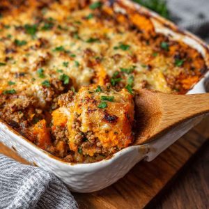 A casserole dish filled with roasted sweet potatoes, seasoned ground turkey, bell peppers, and melted cheese, garnished with fresh herbs.