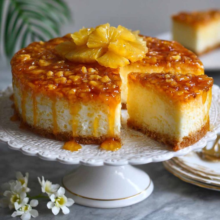 A golden slice of pineapple heaven cake with a moist crumb, topped with whipped cream and crushed pineapple.