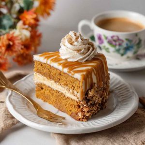 A slice of pumpkin spice latte cake topped with whipped cream and a dusting of cinnamon, served on a rustic fall-themed plate.