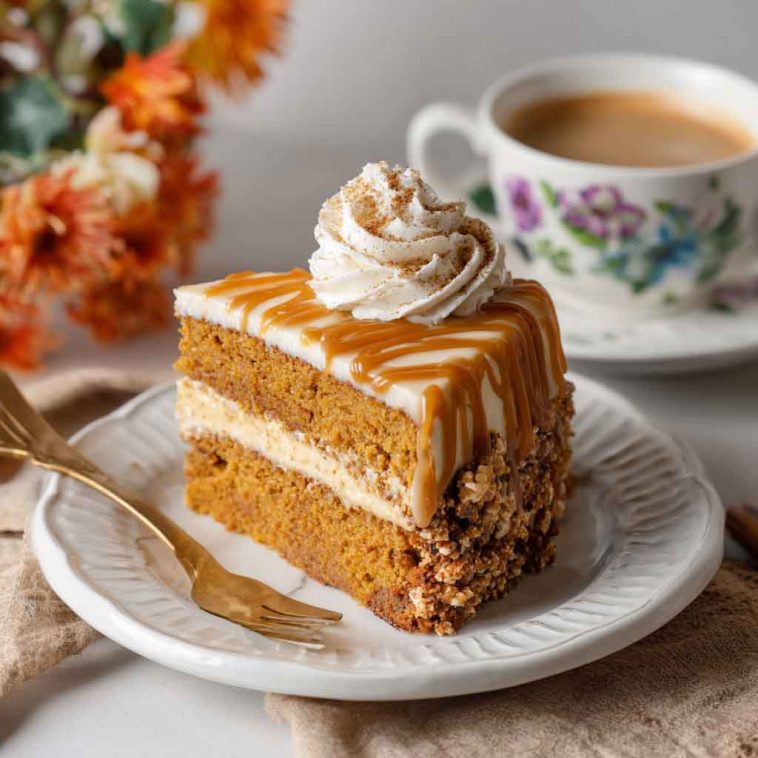 A slice of pumpkin spice latte cake topped with whipped cream and a dusting of cinnamon, served on a rustic fall-themed plate.