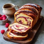 A golden raspberry swirl brioche loaf sliced to reveal its soft, buttery layers and vibrant raspberry filling.