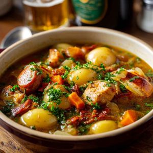 Bowl of Dublin Coddle with sausages, bacon, potatoes, and onions in a rich broth, garnished with parsley.
