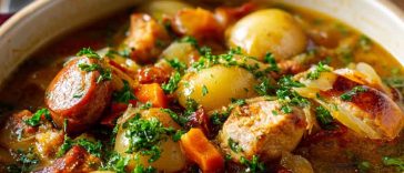 Bowl of Dublin Coddle with sausages, bacon, potatoes, and onions in a rich broth, garnished with parsley.