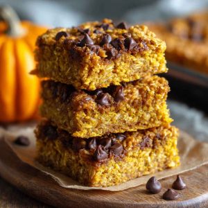 A tray of healthy pumpkin oatmeal bars cut into squares, topped with oats and cinnamon, served on a rustic wooden board.