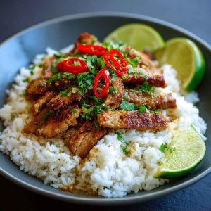 A plate of ginger lime pork slices served over creamy coconut rice, garnished with lime wedges and fresh cilantro.