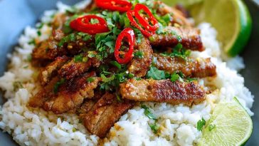 A plate of ginger lime pork slices served over creamy coconut rice, garnished with lime wedges and fresh cilantro.