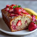 Moist strawberry banana bread sliced on a wooden board, with fresh strawberries and ripe bananas in the background.
