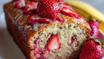 Moist strawberry banana bread sliced on a wooden board, with fresh strawberries and ripe bananas in the background.