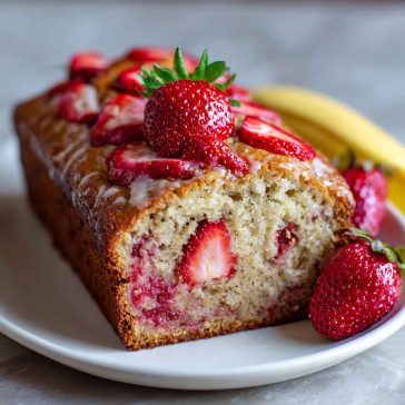 Moist strawberry banana bread sliced on a wooden board, with fresh strawberries and ripe bananas in the background.