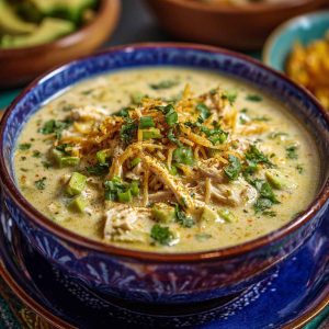 Creamy green enchilada chicken soup served in a bowl, topped with shredded cheese, avocado slices, cilantro, and crispy tortilla strips.