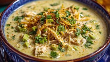 Creamy green enchilada chicken soup served in a bowl, topped with shredded cheese, avocado slices, cilantro, and crispy tortilla strips.