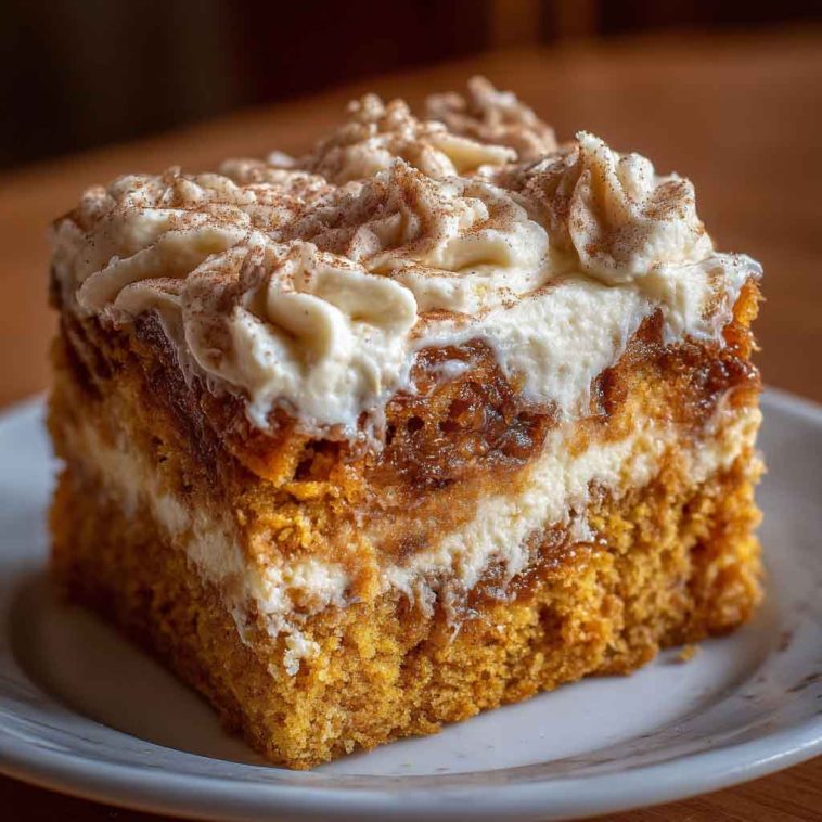 Moist pumpkin spice gooey cake topped with rich cream cheese frosting, dusted with cinnamon and served in warm autumn lighting.