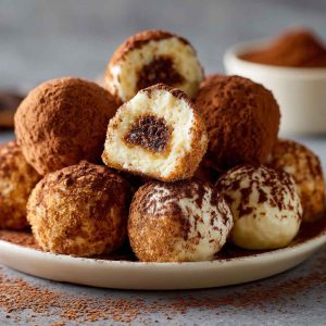 Tiramisu truffles dusted with cocoa powder and arranged on a plate with coffee beans and chocolate shavings.