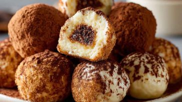 Tiramisu truffles dusted with cocoa powder and arranged on a plate with coffee beans and chocolate shavings.