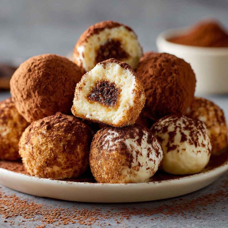 Tiramisu truffles dusted with cocoa powder and arranged on a plate with coffee beans and chocolate shavings.