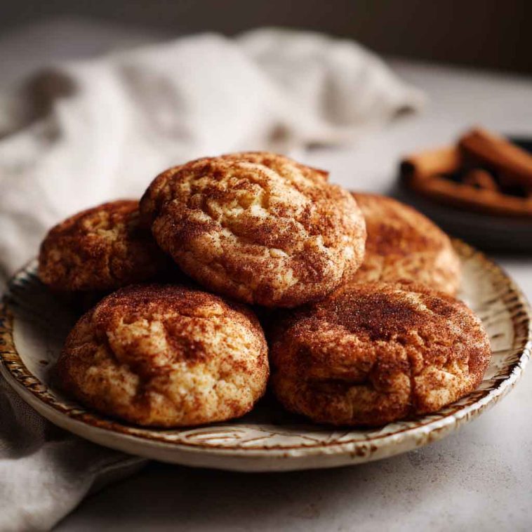 Apple cinnamon snickerdoodle cookies with golden edges, soft centers, and a cinnamon-sugar coating, filled with bits of apple and served on a rustic plate.