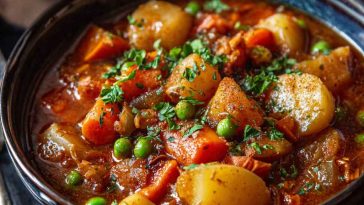 A rustic bowl of Irish vegetarian stew filled with tender root vegetables, herbs, and a rich broth, served with crusty bread on a wooden table.