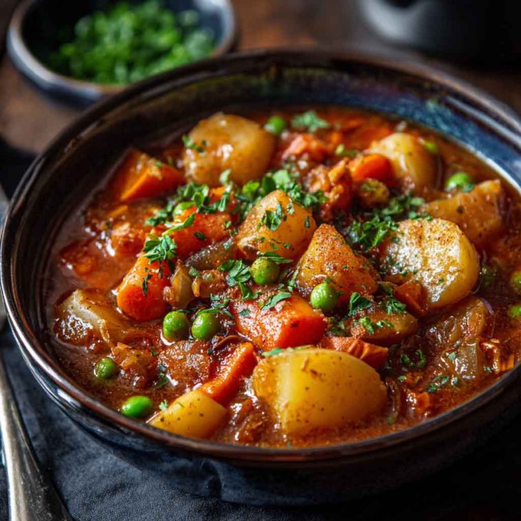 A rustic bowl of Irish vegetarian stew filled with tender root vegetables, herbs, and a rich broth, served with crusty bread on a wooden table.