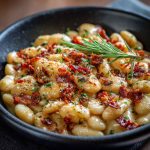A rustic skillet filled with creamy Tuscan butter beans simmered in a sun-dried tomato and garlic cream sauce, garnished with fresh basil and served with crusty bread.