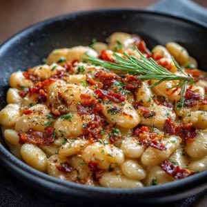 A rustic skillet filled with creamy Tuscan butter beans simmered in a sun-dried tomato and garlic cream sauce, garnished with fresh basil and served with crusty bread.