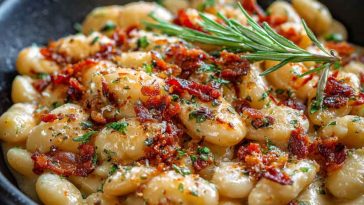 A rustic skillet filled with creamy Tuscan butter beans simmered in a sun-dried tomato and garlic cream sauce, garnished with fresh basil and served with crusty bread.
