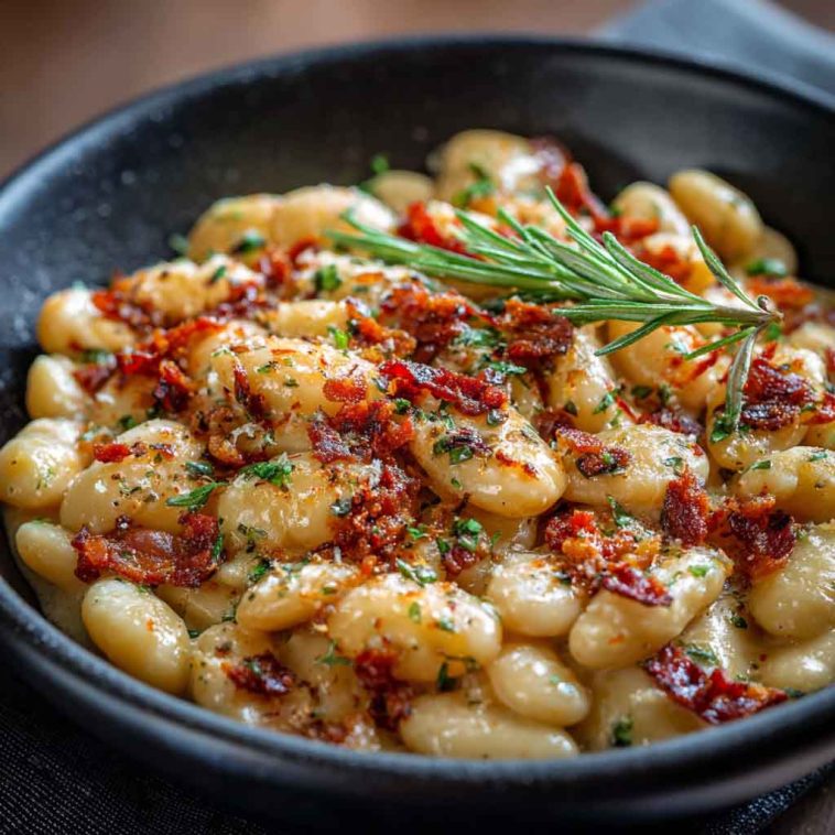 A rustic skillet filled with creamy Tuscan butter beans simmered in a sun-dried tomato and garlic cream sauce, garnished with fresh basil and served with crusty bread.