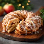 A golden-brown apple kringle pastry drizzled with vanilla glaze, filled with spiced apple slices and topped with chopped nuts, served on a rustic wooden board.