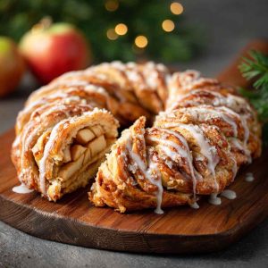A golden-brown apple kringle pastry drizzled with vanilla glaze, filled with spiced apple slices and topped with chopped nuts, served on a rustic wooden board.