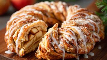 A golden-brown apple kringle pastry drizzled with vanilla glaze, filled with spiced apple slices and topped with chopped nuts, served on a rustic wooden board.