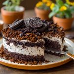 A layered dessert of crushed OREO cookies and creamy pudding mixture in a glass dish, topped with gummy worms and served with a spoon.