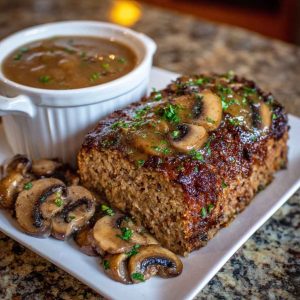 A thick slice of meatloaf topped with rich mushroom gravy, served with mashed potatoes and green beans on a rustic dinner plate.