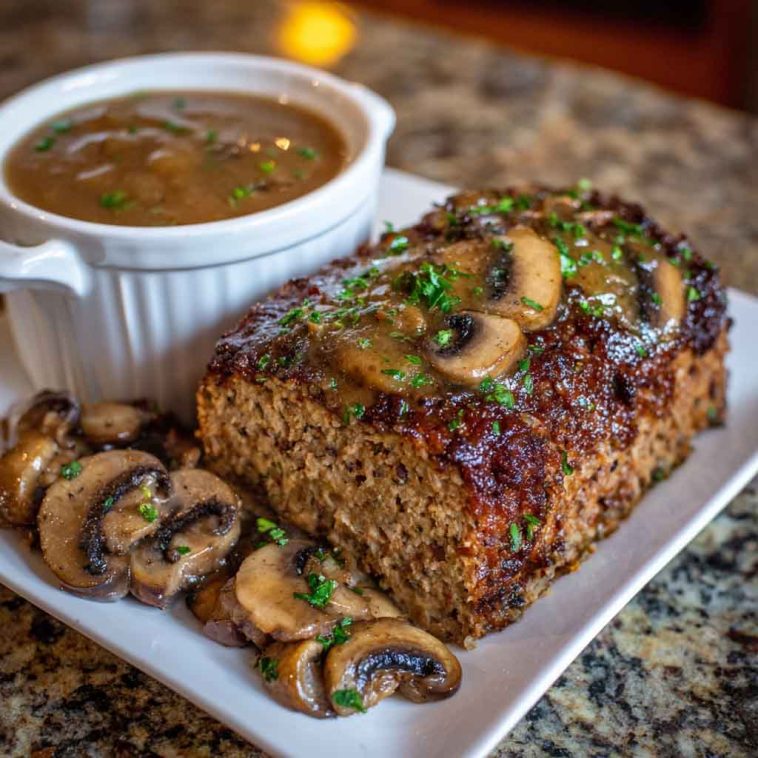 A thick slice of meatloaf topped with rich mushroom gravy, served with mashed potatoes and green beans on a rustic dinner plate.