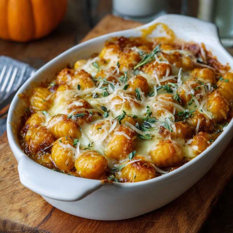 A bubbling casserole dish filled with pillowy gnocchi baked in a creamy pumpkin sauce, topped with melted cheese and fresh sage.