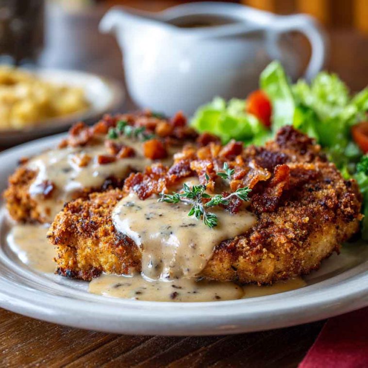Golden country fried pork chops smothered in creamy bacon gravy, served with mashed potatoes and fresh herbs on a rustic plate.