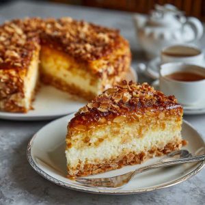 A golden slice of German Bee Sting Cake with caramelized almond topping and creamy vanilla filling, served on a vintage dessert plate.