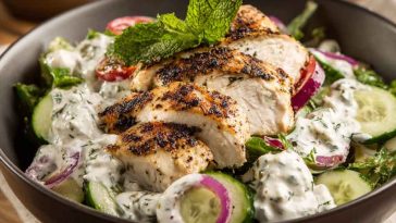 A bowl of tzatziki chicken salad with grilled chicken, cucumber, tomatoes, red onion, and a creamy yogurt-dill dressing.